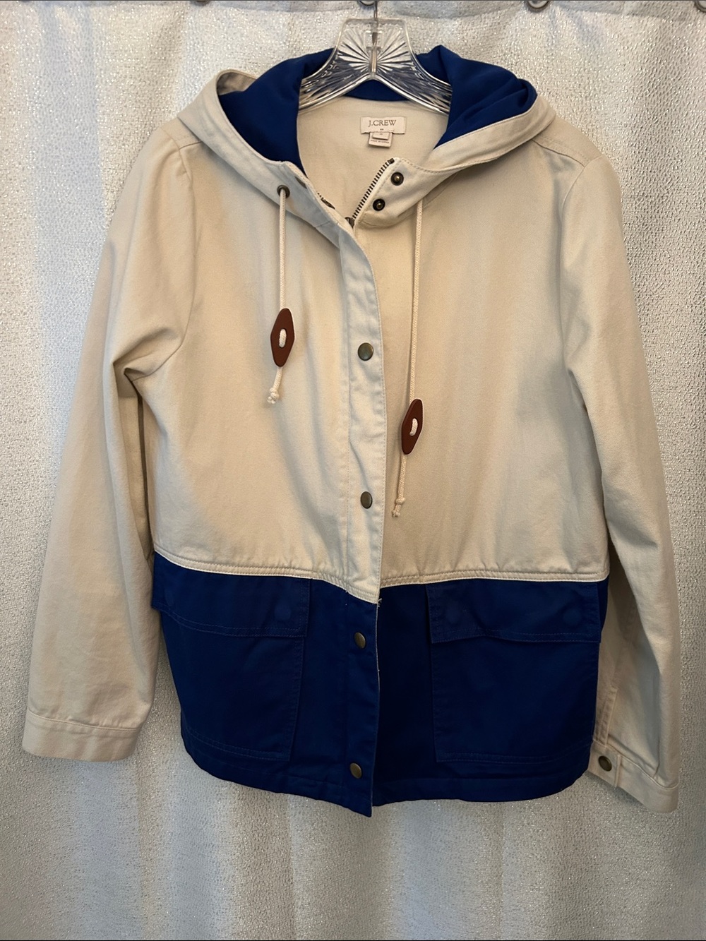 J. Crew Factory Two-Tone Hooded Anorak Jacket in Cream and Blue